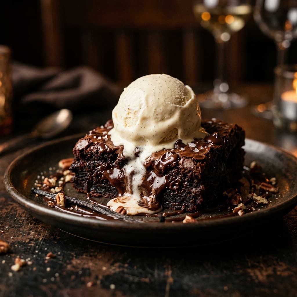 Delicious chocolate brownie with ice cream